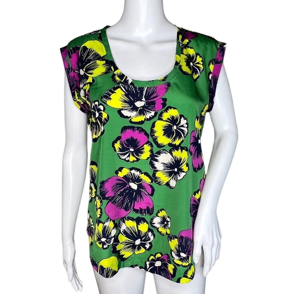 J Crew Blouse Womens 4 Green Purple Floral Printed Drapey Scoop Neck Colorful